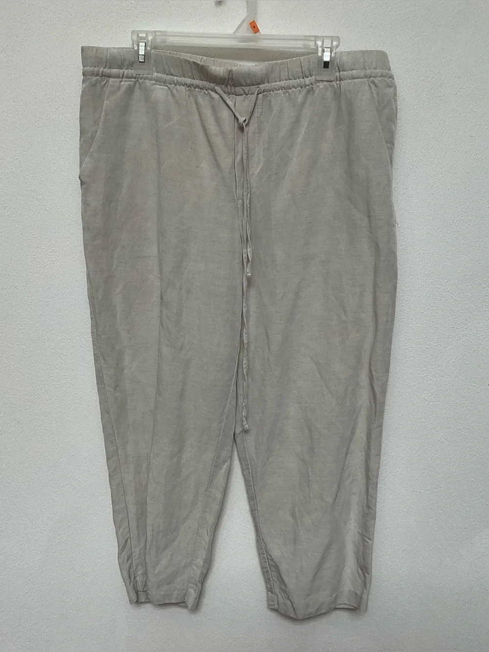 H&M Oatmeal Cream Linen Blend Tapered Leg Pull On Pants Size L Drawstring Waist